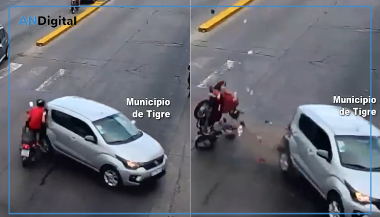 Menor alcoholizado cruzó en rojo y con su moto chocó violentamente a un auto en Tigre